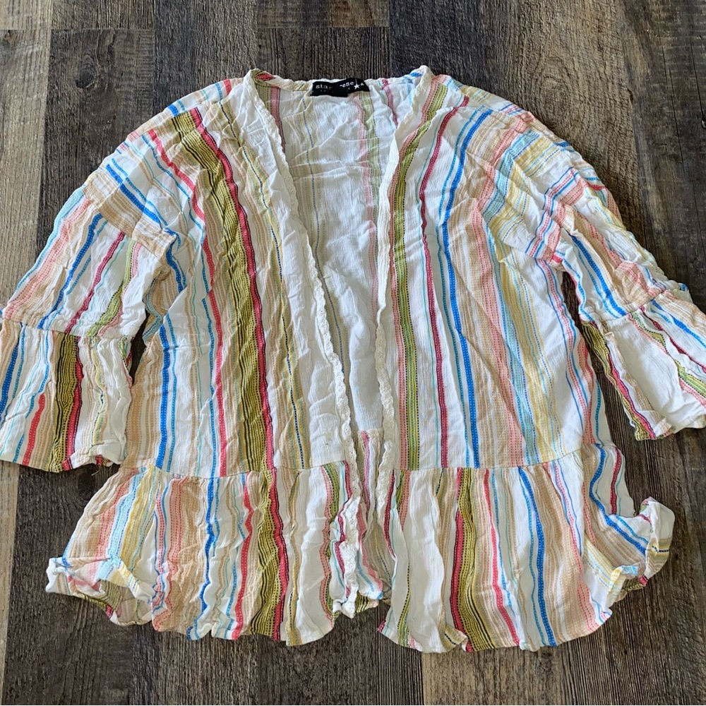 Striped Open-Front Crinkle Tunic - White with Multicolor Stripes